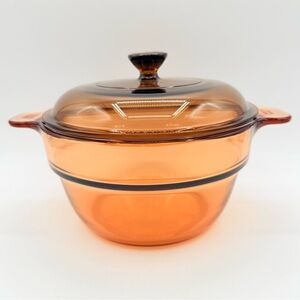 Vintage Vision Corning Amber 2L Glass Casserole w/ Pyrex Lid Made In France READ